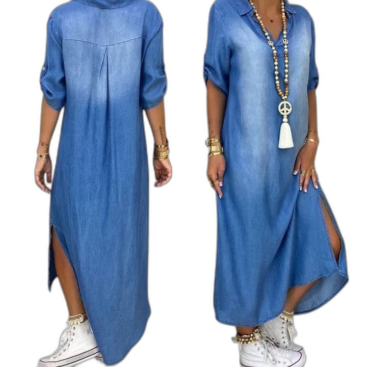 Effortless Blue Denim Maxi Dress for Women with Collared Short Sleeve Flowing Casual Style