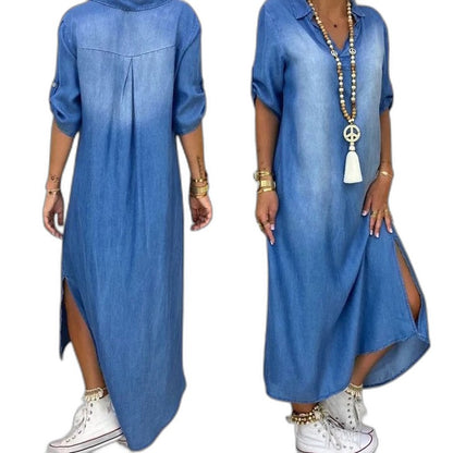 Effortless Blue Denim Maxi Dress for Women with Collared Short Sleeve Flowing Casual Style