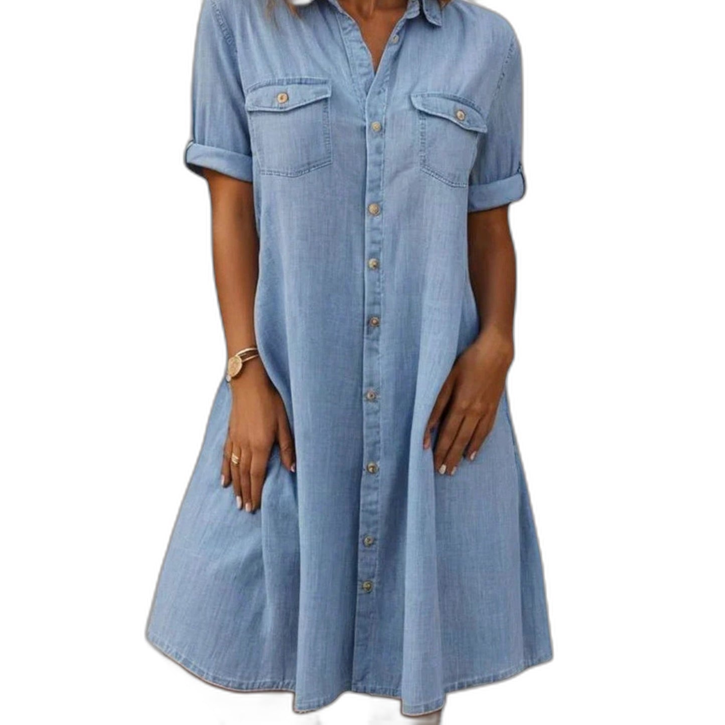 Effortless Blue Denim Midi Dress for Women with Collared Short Sleeve A Line Button Front Flowing Casual Style