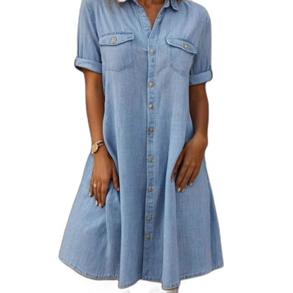 Effortless Blue Denim Midi Dress for Women with Collared Short Sleeve A Line Button Front Flowing Casual Style