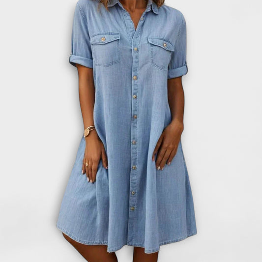 Effortless Blue Denim Midi Dress for Women with Collared Short Sleeve A Line Button Front Flowing Casual Style