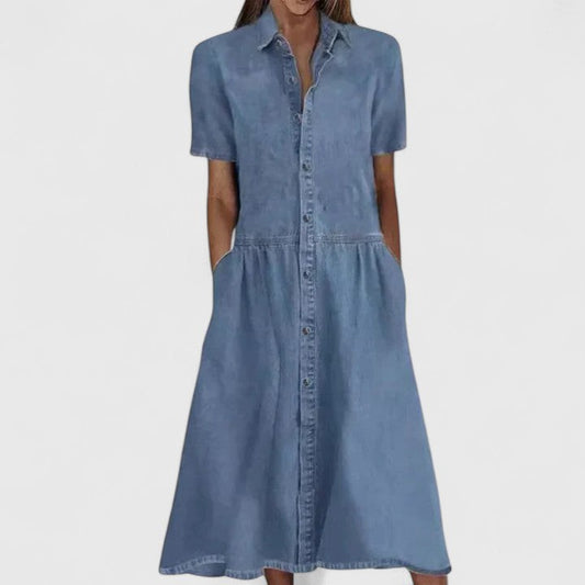 Effortless Blue Denim Midi Dress for Women with Collared Short Sleeve A Line Button Front Flowing Casual Style