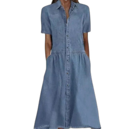 Effortless Blue Denim Midi Dress for Women with Collared Short Sleeve A Line Button Front Flowing Casual Style