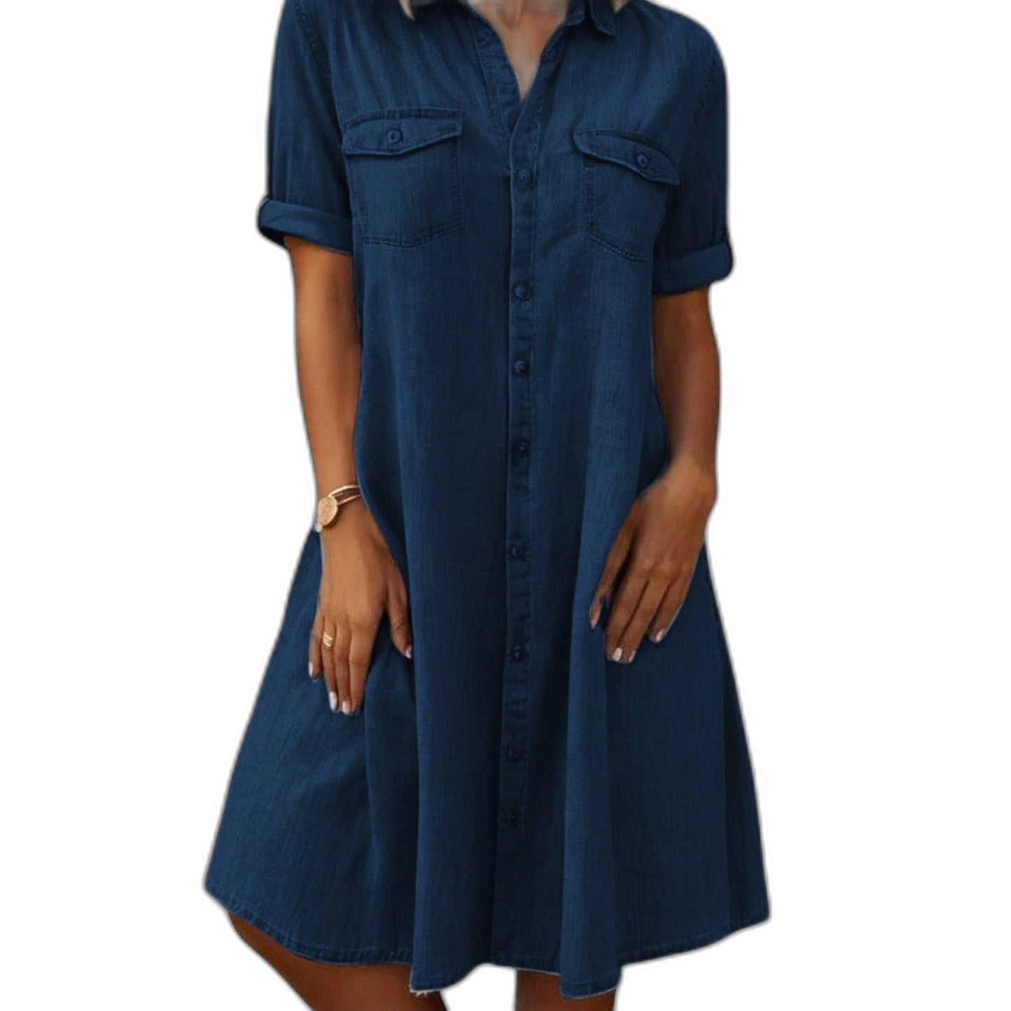 Effortless Blue Denim Midi Dress for Women with Collared Short Sleeve A Line Button Front Flowing Casual Style