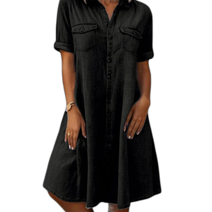 Effortless Blue Denim Midi Dress for Women with Collared Short Sleeve A Line Button Front Flowing Casual Style