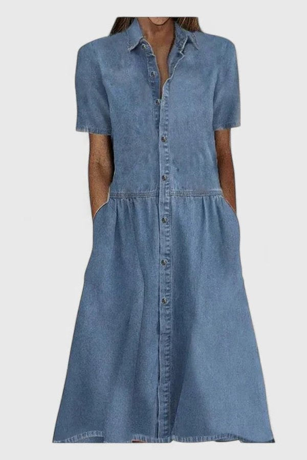 Effortless Blue Denim Midi Dress for Women with Collared Short Sleeve A Line Button Front Pockets Casual Style