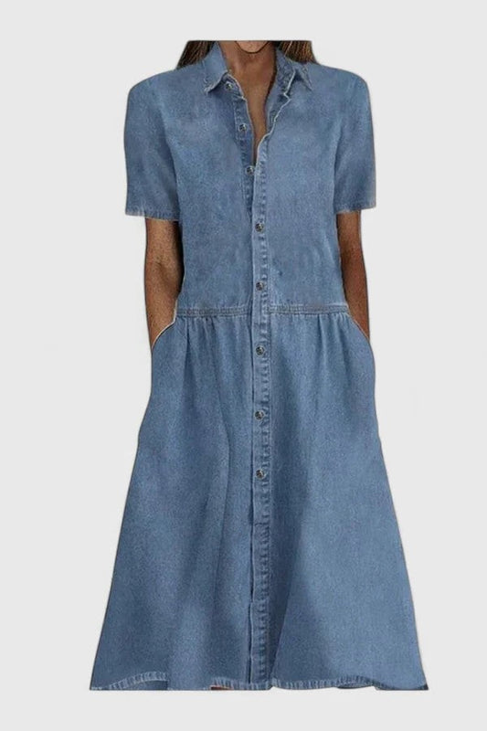 Effortless Blue Denim Midi Dress for Women with Collared Short Sleeve A Line Button Front Pockets Casual Style