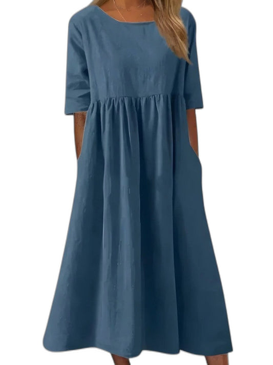 Effortless Blue Denim Midi Dress for Women with Crew Neck Short Sleeve A Line Flowing Pockets Casual Style