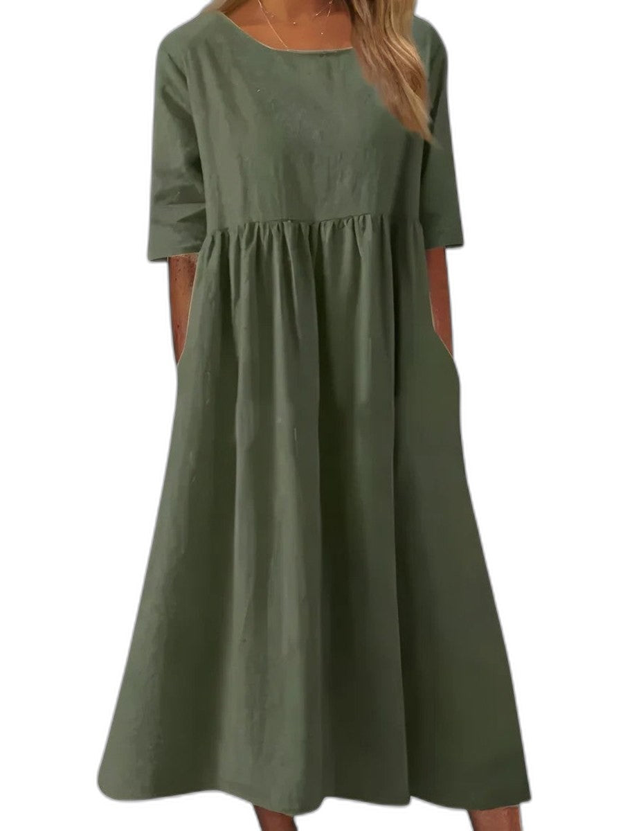 Effortless Blue Denim Midi Dress for Women with Crew Neck Short Sleeve A Line Flowing Pockets Casual Style