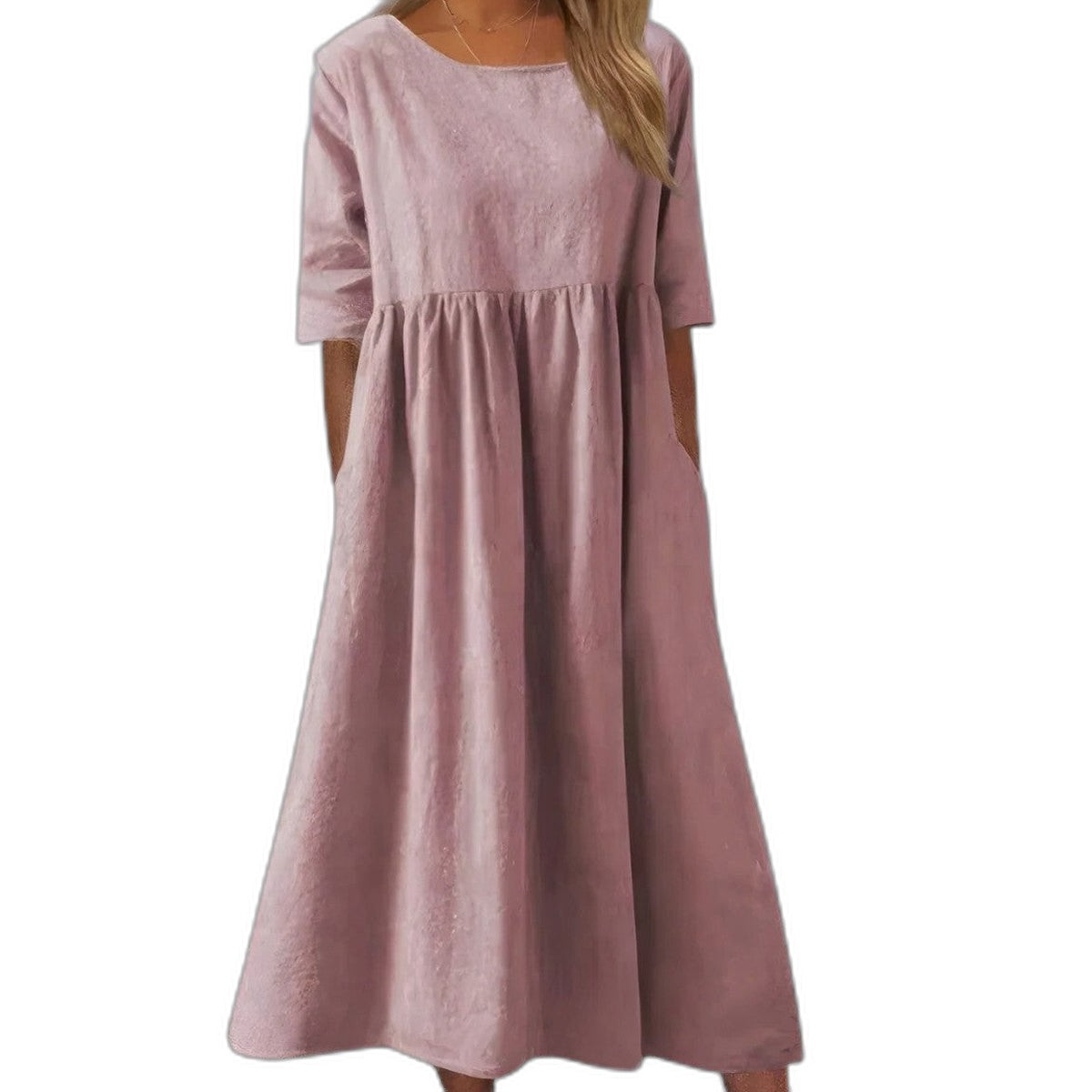 Effortless Blue Denim Midi Dress for Women with Crew Neck Short Sleeve A Line Flowing Pockets Casual Style