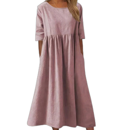 Effortless Blue Denim Midi Dress for Women with Crew Neck Short Sleeve A Line Flowing Pockets Casual Style