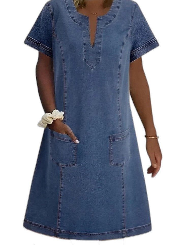 Effortless Blue Denim Midi Dress for Women with V Neck Short Sleeve A Line Pockets Casual Style