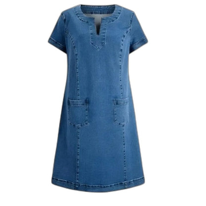 Effortless Blue Denim Midi Dress for Women with V Neck Short Sleeve A Line Pockets Casual Style