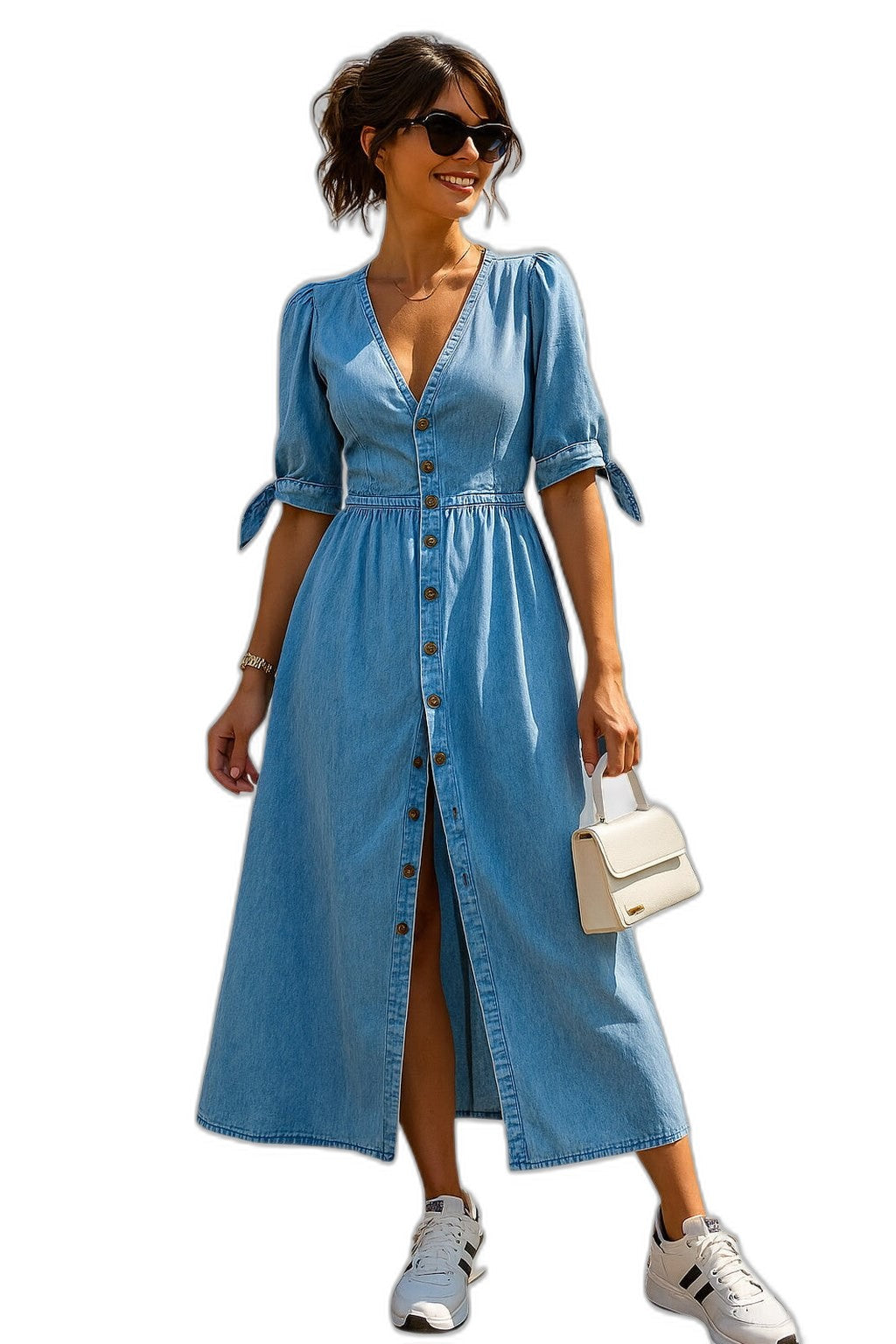 Effortless Blue Denim Midi Dress for Women with V Neck Short Sleeve Button Front Belted Fit And Flare Casual Style