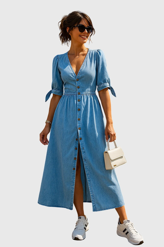 Effortless Blue Denim Midi Dress for Women with V Neck Short Sleeve Button Front Belted Fit And Flare Casual Style