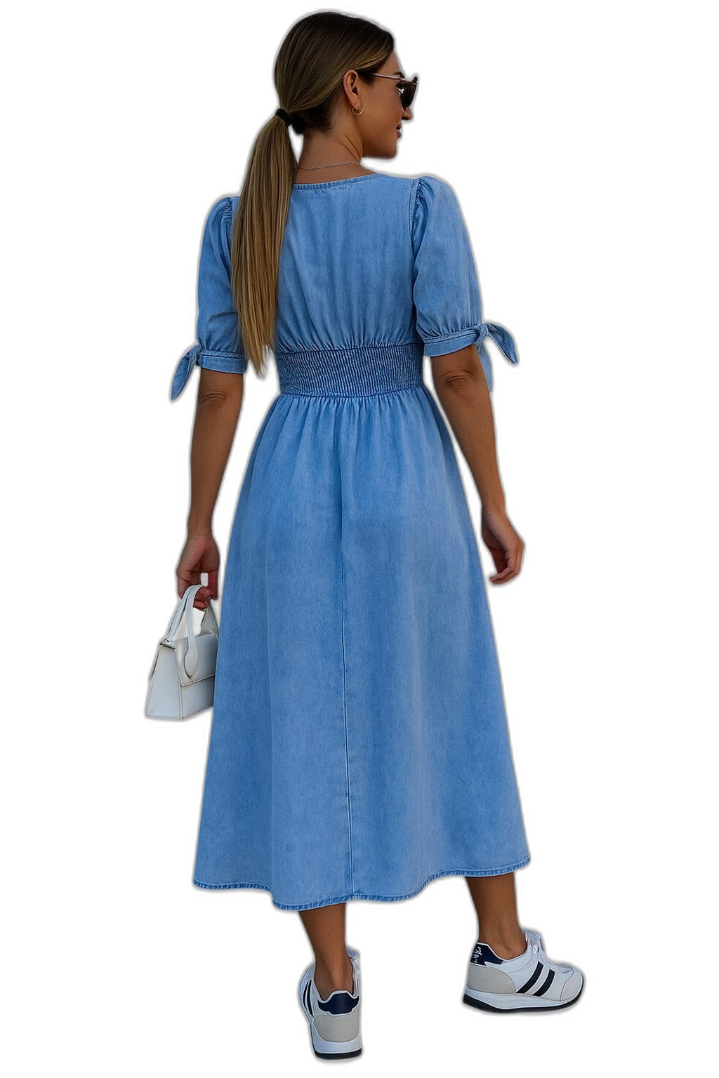 Effortless Blue Denim Midi Dress for Women with V Neck Short Sleeve Button Front Belted Fit And Flare Casual Style