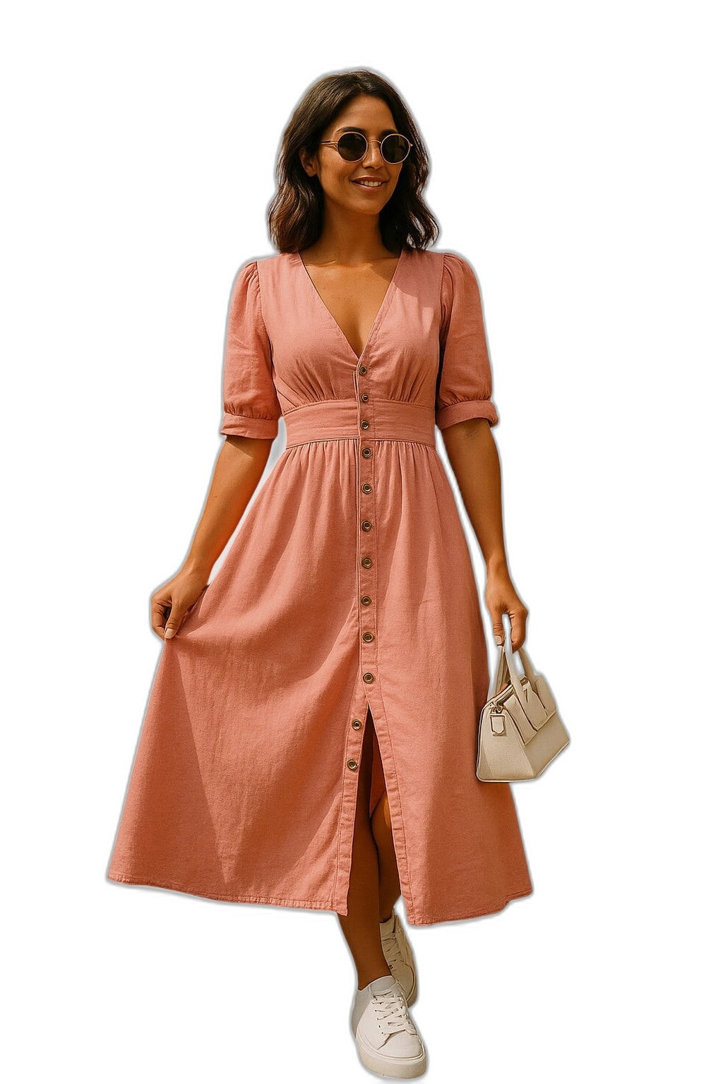 Effortless Blue Denim Midi Dress for Women with V Neck Short Sleeve Button Front Belted Fit And Flare Casual Style