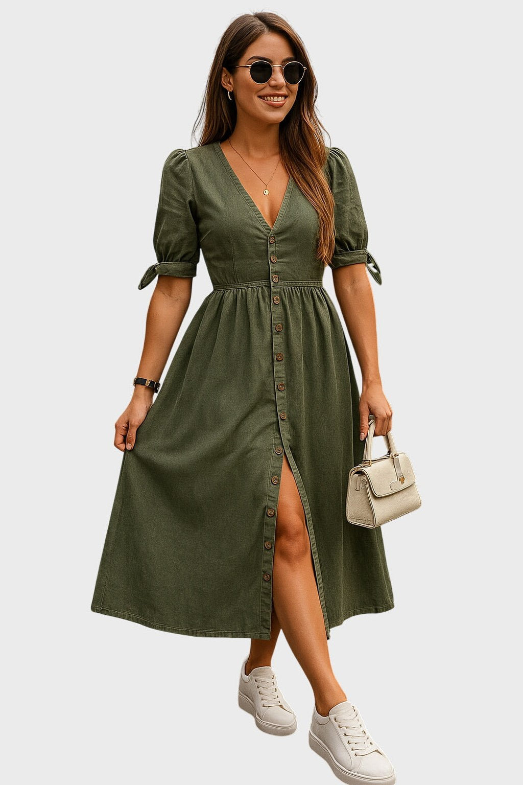 Effortless Blue Denim Midi Dress for Women with V Neck Short Sleeve Button Front Belted Fit And Flare Casual Style