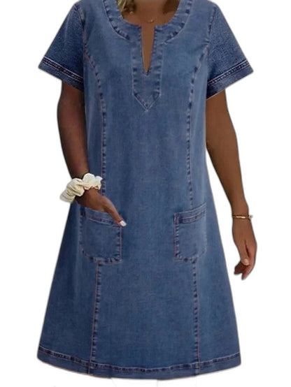 Effortless Blue Denim Midi Dress for Women with V Neck Short Sleeve Straight Leg Pockets Casual Style