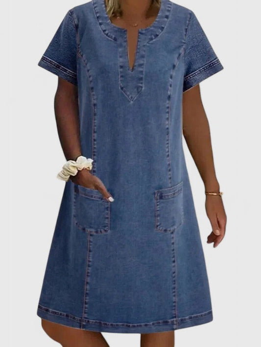 Effortless Blue Denim Midi Dress for Women with V Neck Short Sleeve Straight Leg Pockets Casual Style