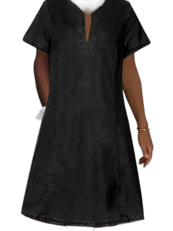 Effortless Blue Denim Midi Dress for Women with V Neck Short Sleeve Straight Leg Pockets Casual Style