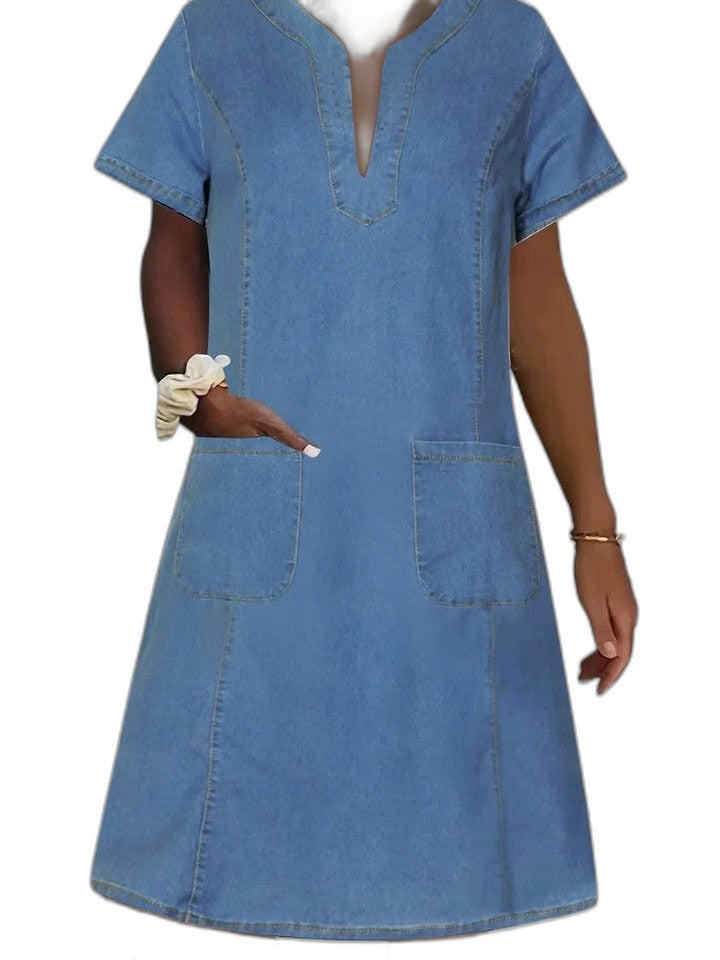 Effortless Blue Denim Midi Dress for Women with V Neck Short Sleeve Straight Leg Pockets Casual Style