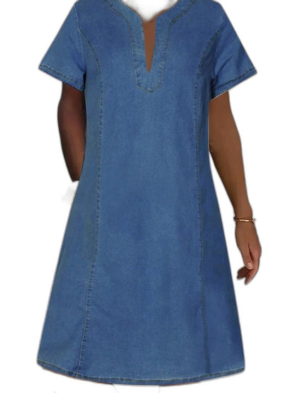 Effortless Blue Denim Midi Dress for Women with V Neck Short Sleeve Straight Leg Pockets Casual Style