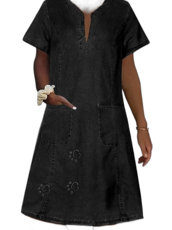 Effortless Blue Denim Midi Dress for Women with V Neck Short Sleeve Straight Leg Pockets Casual Style