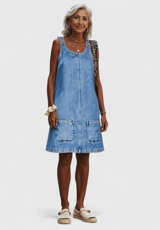 Effortless Blue Denim Midi Dress for Women with V Neck Sleeveless A Line Pockets Casual Style
