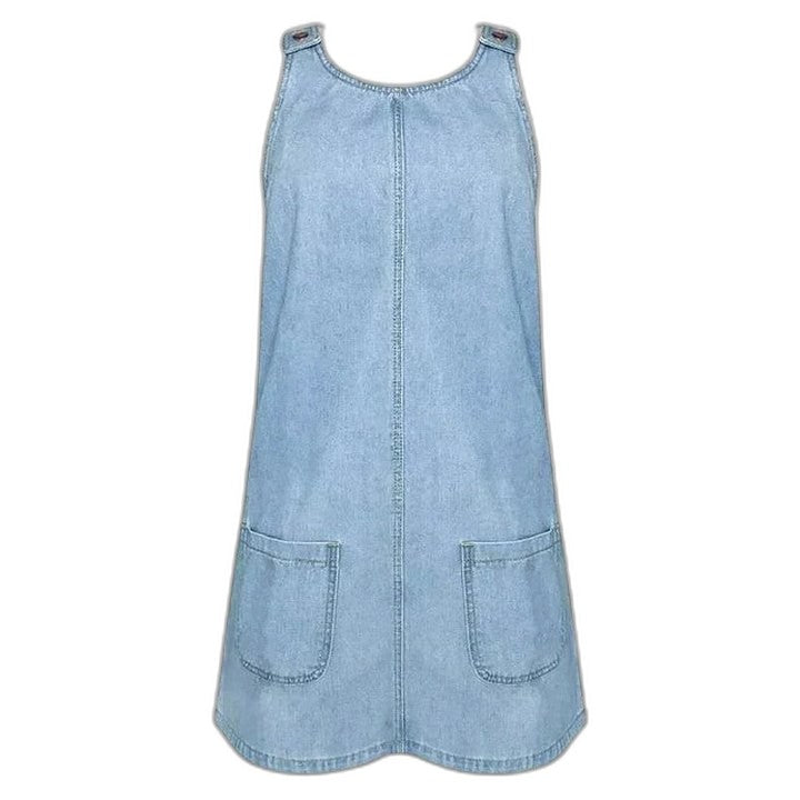 Effortless Blue Denim Midi Dress for Women with V Neck Sleeveless A Line Pockets Casual Style