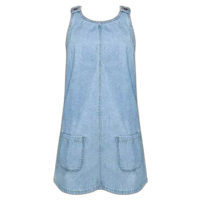 Effortless Blue Denim Midi Dress for Women with V Neck Sleeveless A Line Pockets Casual Style