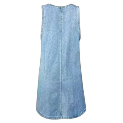 Effortless Blue Denim Midi Dress for Women with V Neck Sleeveless A Line Pockets Casual Style