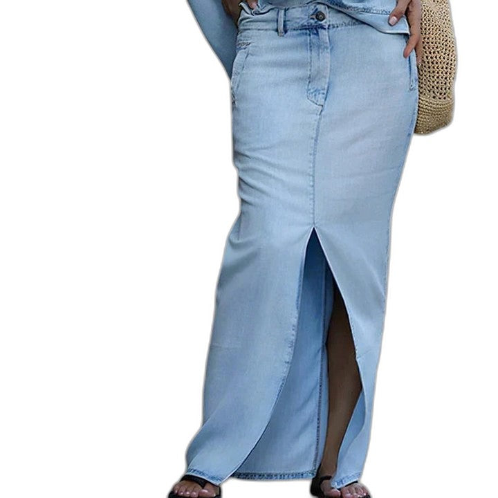 Effortless Blue Denim Midi Skirt for Women with Button Front High Waisted Casual Style