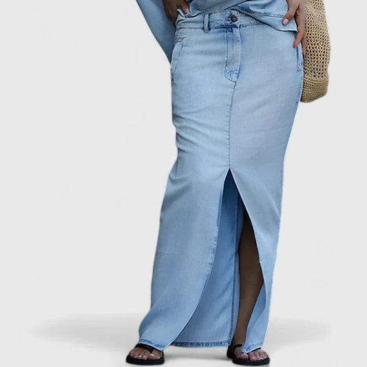 Effortless Blue Denim Midi Skirt for Women with Button Front High Waisted Casual Style