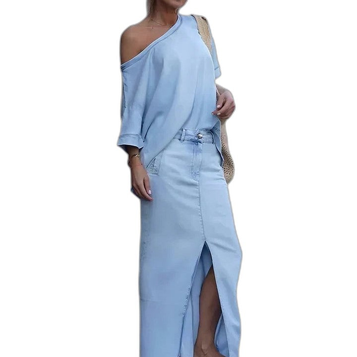 Effortless Blue Denim Midi Skirt for Women with Button Front High Waisted Casual Style