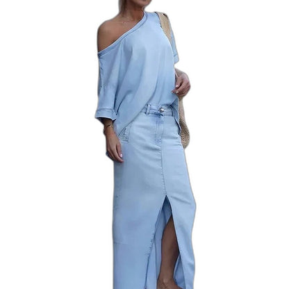 Effortless Blue Denim Midi Skirt for Women with Button Front High Waisted Casual Style