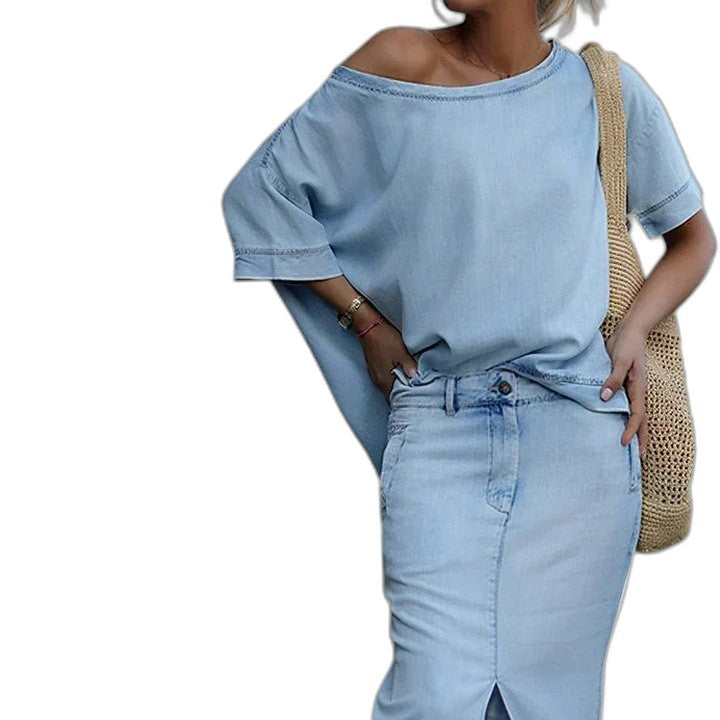 Effortless Blue Denim Midi Skirt for Women with Button Front High Waisted Casual Style