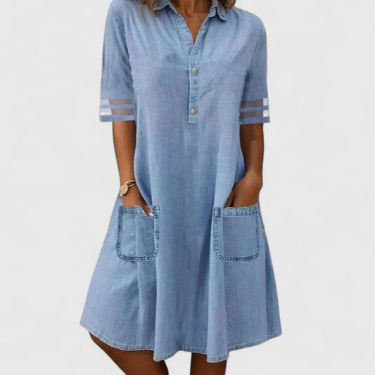 Effortless Blue Denim Mini Dress for Women with Collared Short Sleeve Button Front Flowing Pockets Casual Style