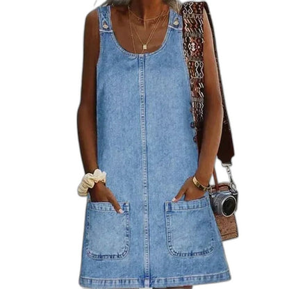 Effortless Blue Denim Mini Dress for Women with Square Neck Sleeveless A Line Pockets Casual Style
