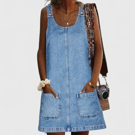 Effortless Blue Denim Mini Dress for Women with Square Neck Sleeveless A Line Pockets Casual Style