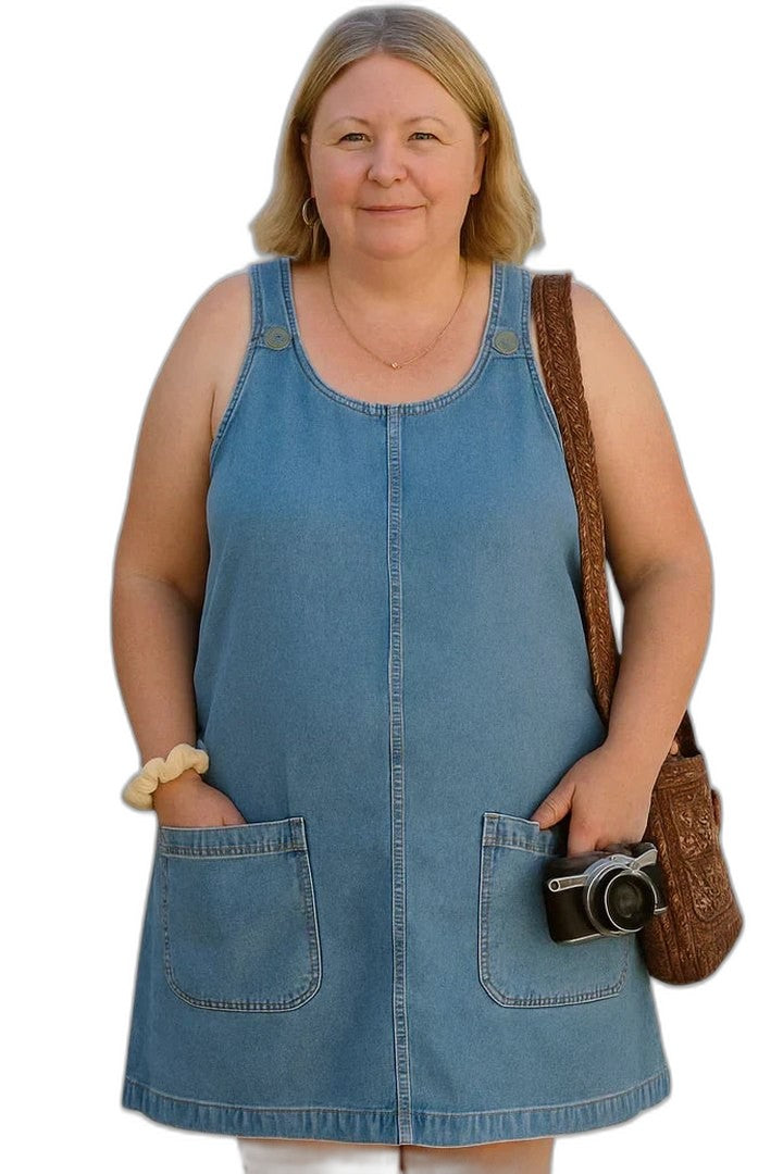 Effortless Blue Denim Mini Dress for Women with Square Neck Sleeveless A Line Pockets Casual Style