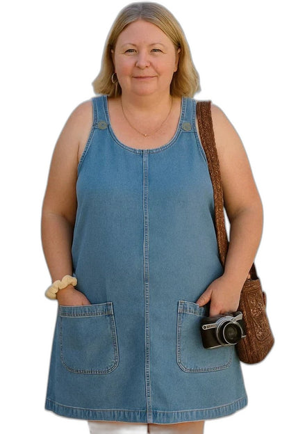 Effortless Blue Denim Mini Dress for Women with Square Neck Sleeveless A Line Pockets Casual Style