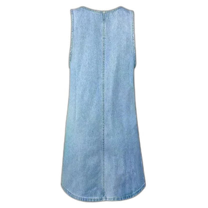 Effortless Blue Denim Mini Dress for Women with Square Neck Sleeveless A Line Pockets Casual Style
