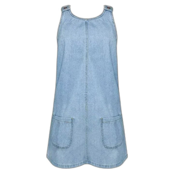 Effortless Blue Denim Mini Dress for Women with Square Neck Sleeveless A Line Pockets Casual Style