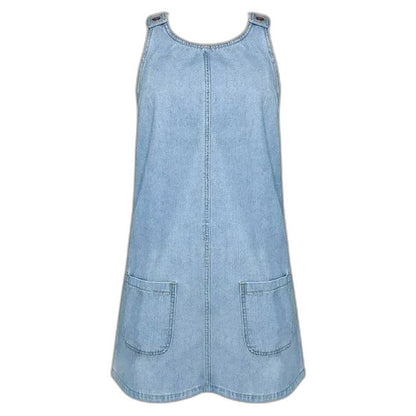 Effortless Blue Denim Mini Dress for Women with Square Neck Sleeveless A Line Pockets Casual Style