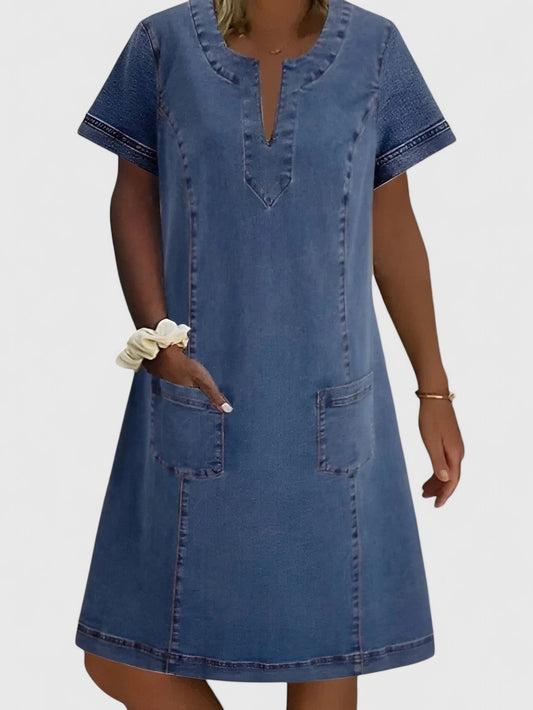 Effortless Blue Denim Mini Dress for Women with V Neck Short Sleeve Flowing Pockets Casual Style