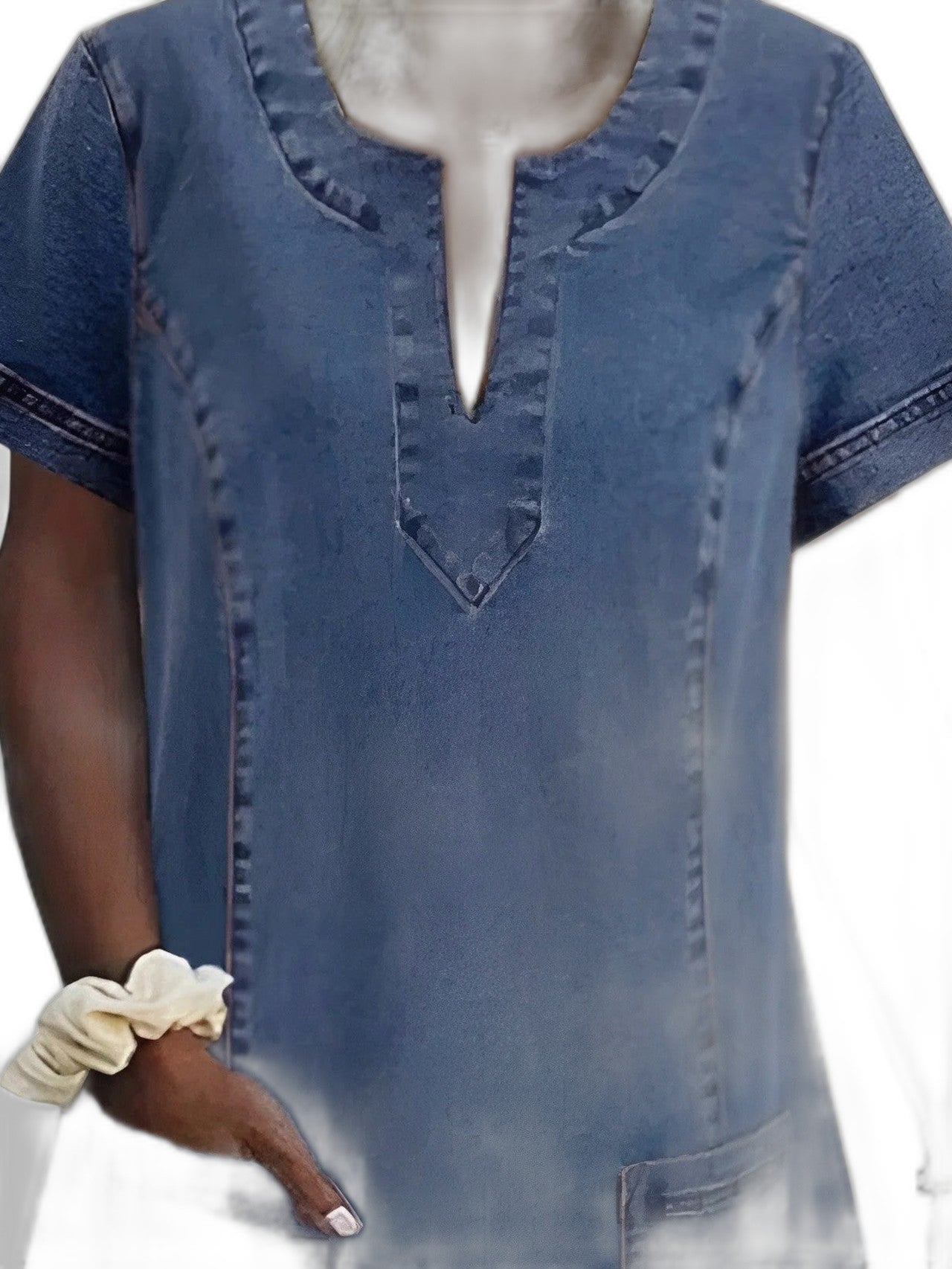 Effortless Blue Denim Mini Dress for Women with V Neck Short Sleeve Flowing Pockets Casual Style