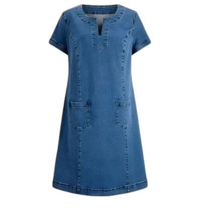 Effortless Blue Denim Mini Dress for Women with V Neck Short Sleeve Flowing Pockets Casual Style