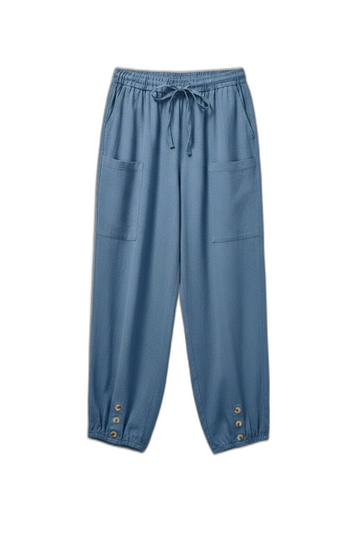 Effortless Blue Denim Pants for Women with High Waisted Drawstring Casual Style