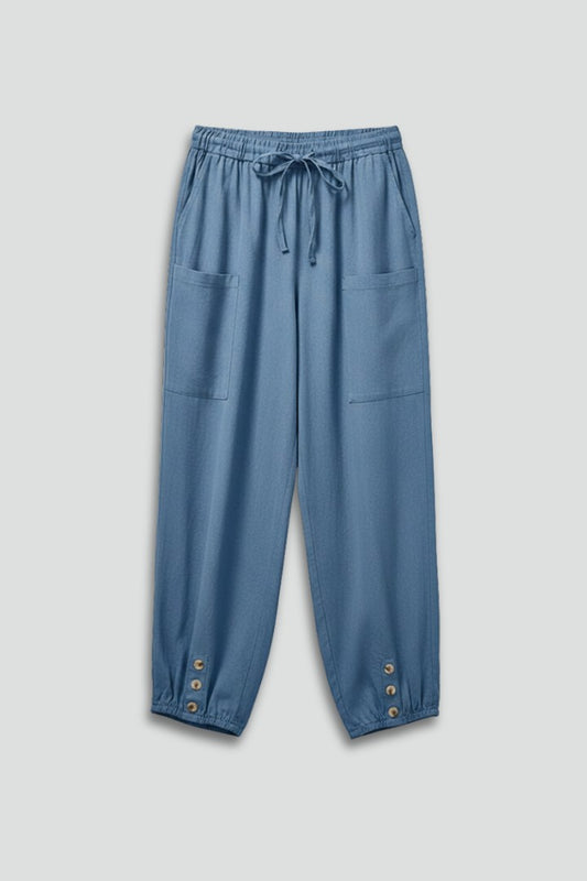 Effortless Blue Denim Pants for Women with High Waisted Drawstring Casual Style